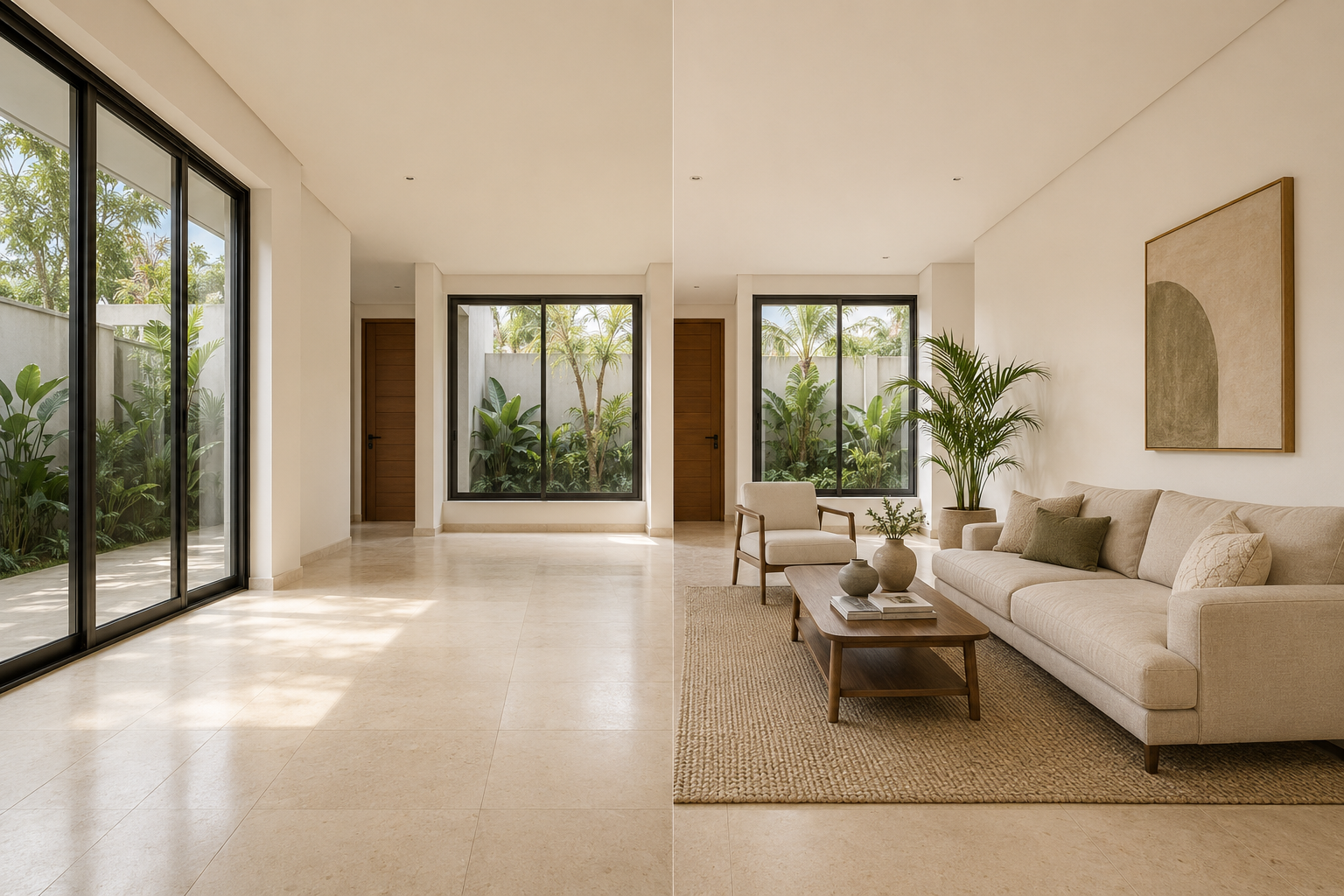 Perbandingan sebelum dan sesudah Virtual AI Staging